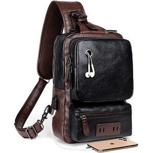 Small Black Sling Crossbody Backpack Shoulder Bag Men Women Vintage PU Leather